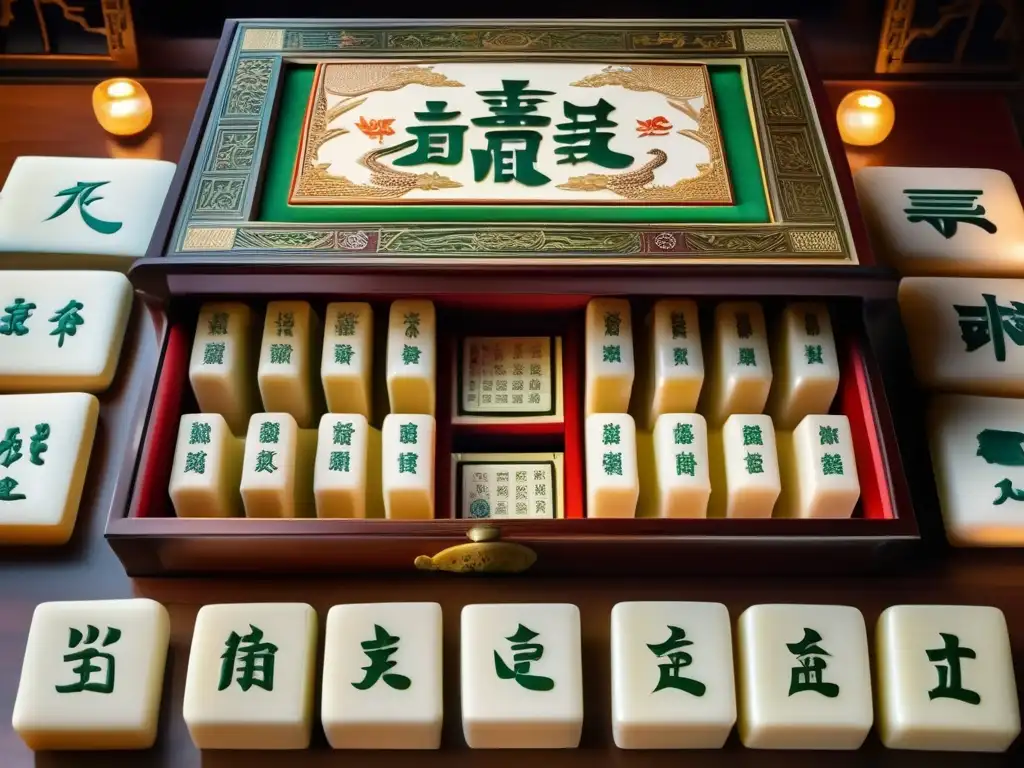 Un juego de mahjong vintage tallado con detalle, en una atmósfera culturalmente rica y nostálgica. <b>Significado cultural del juego Mahjong.