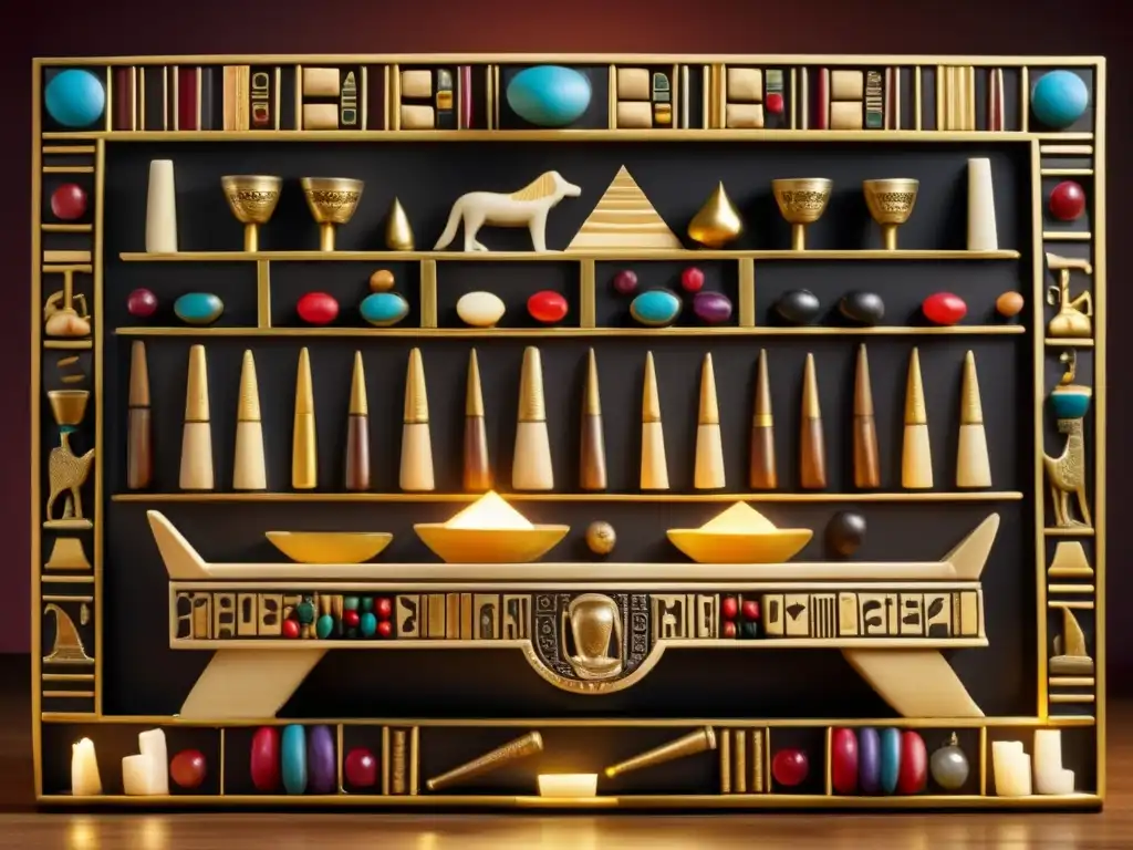 Un juego de Senet tallado en ébano y marfil, con piezas adornadas con gemas, sobre una mesa decorada, iluminado por lámparas de aceite en una cámara egipcia. <b>Trascendencia cultural del juego Senet.