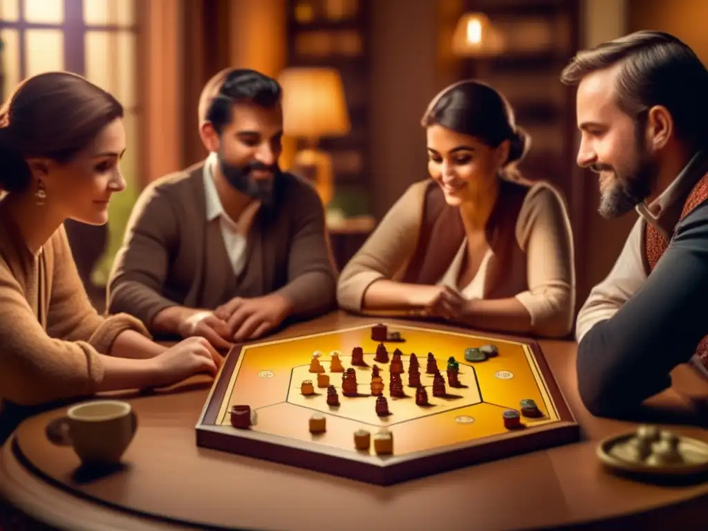 Un juego de Catan en tonos cálidos, con jugadores disfrutando de su estrategia. <b>Captura el impacto cultural de los juegos de mesa modernos.