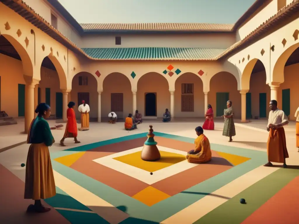 Un juego tradicional que impacta la historia y cultura, con personas disfrutando en un patio geométrico lleno de colores y patrones.