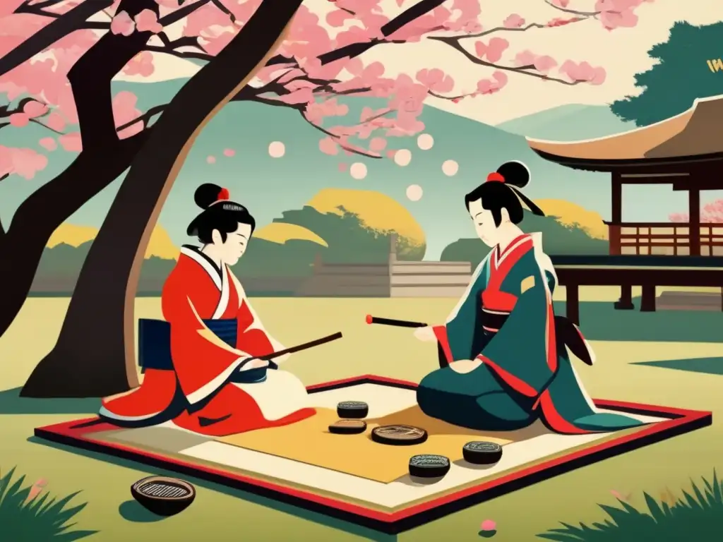 Un juego de Go tradicional japonés se desarrolla en un jardín sereno con árboles de cerezo en plena floración, mostrando el impacto cultural del juego milenario.