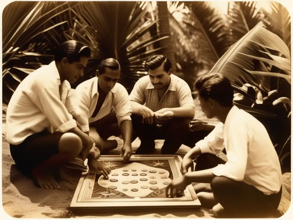 Un juego tradicional de Oceanía: personas concentradas en el juego de mesa, rodeadas de un exuberante paisaje tropical. <b>Sus rostros reflejan camaradería y concentración, mientras disfrutan de este antiguo pasatiempo.</b> Los tonos cálidos y la riqueza visual de la escena evocan la historia de