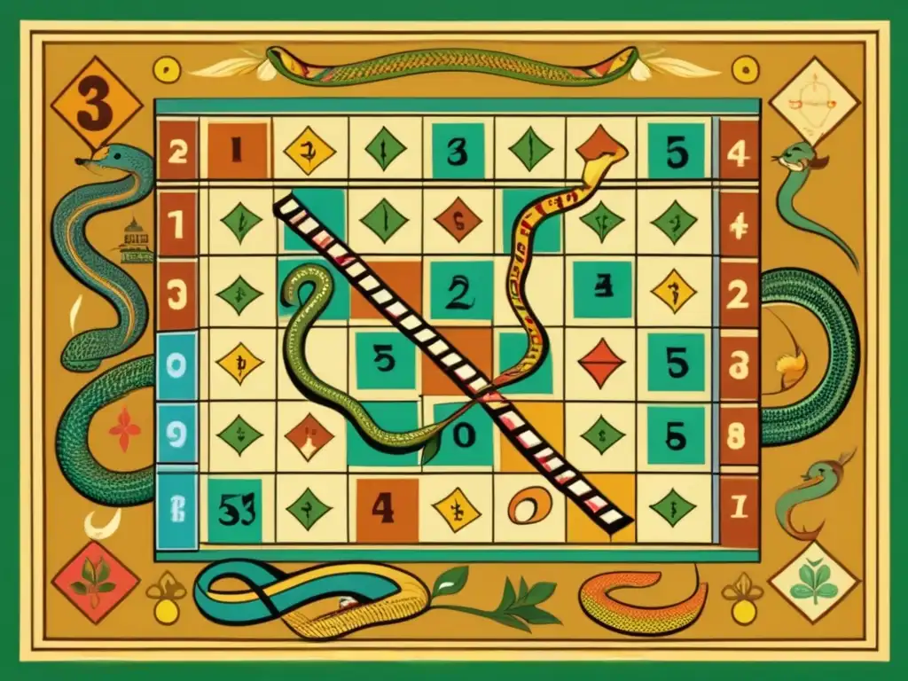 Un juego tradicional de serpientes y escaleras de la India, con diseño vintage y colores vibrantes que reflejan la rica historia y origen del juego.