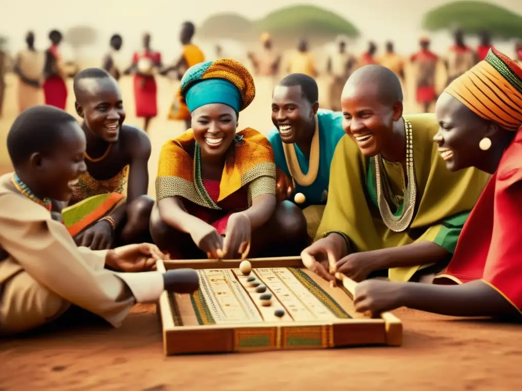 Un juego tradicional africano con vibrantes atuendos y piezas intrincadas, envuelto en la rica historia de los juegos tradicionales africanos.