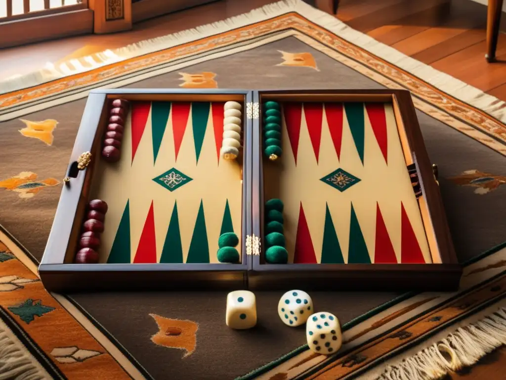 Un juego de backgammon vintage colocado sobre una alfombra persa ricamente decorada, iluminado por la suave luz que atraviesa la ventana. Refleja el desarrollo histórico del backgammon en América con elegancia y detalle artesanal.