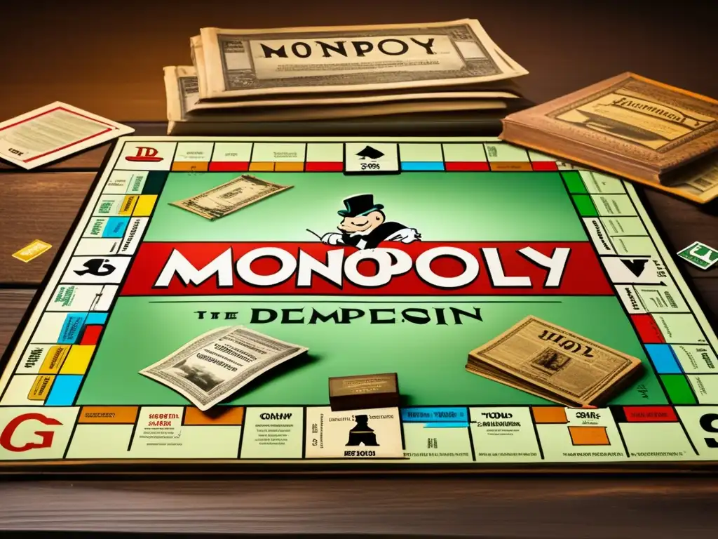 Un juego vintage de Monopoly en una mesa de madera rodeado de libros antiguos y periódicos de la Gran Depresión. <b>La habitación está iluminada con una cálida y nostálgica luz, resaltando los detalles del juego.</b> <b>Reflejo del Monopoly en la Gran Depresión.