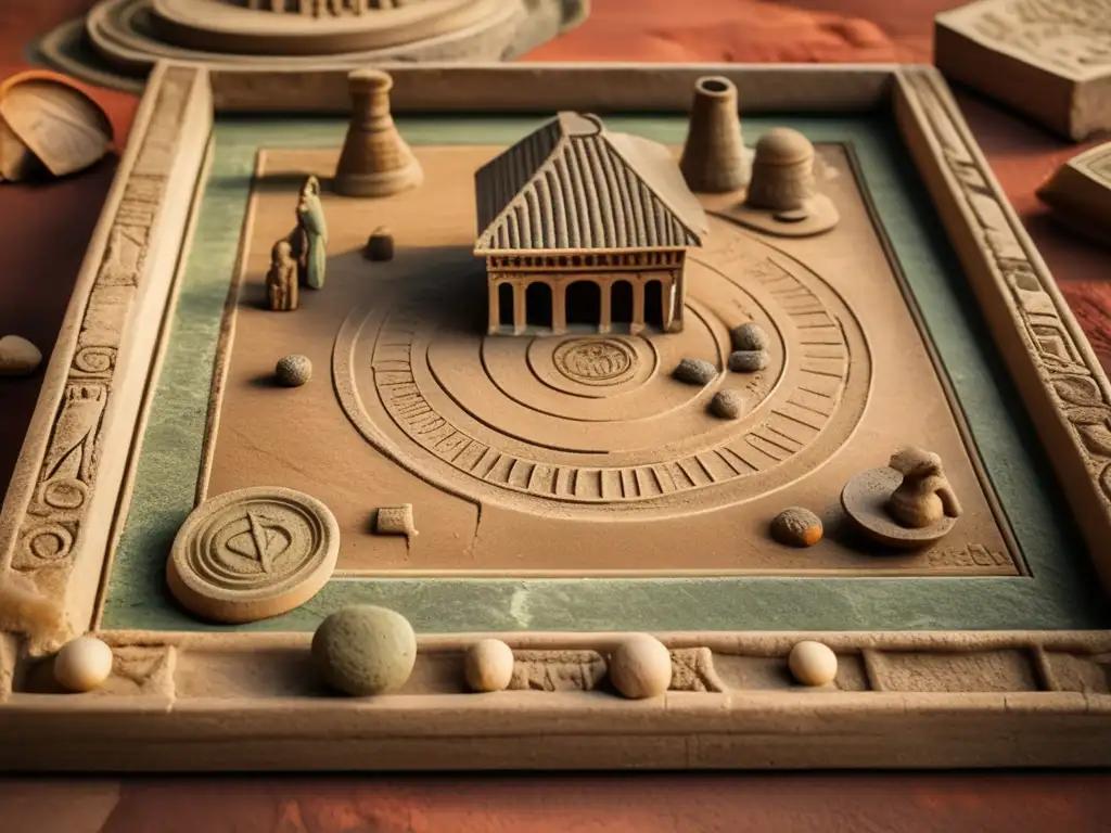 Juegos de mesa encontrados en Pompeya: Detalle de antiguo juego romano en Pompeya, con piezas coloridas sobre superficie de piedra desgastada.