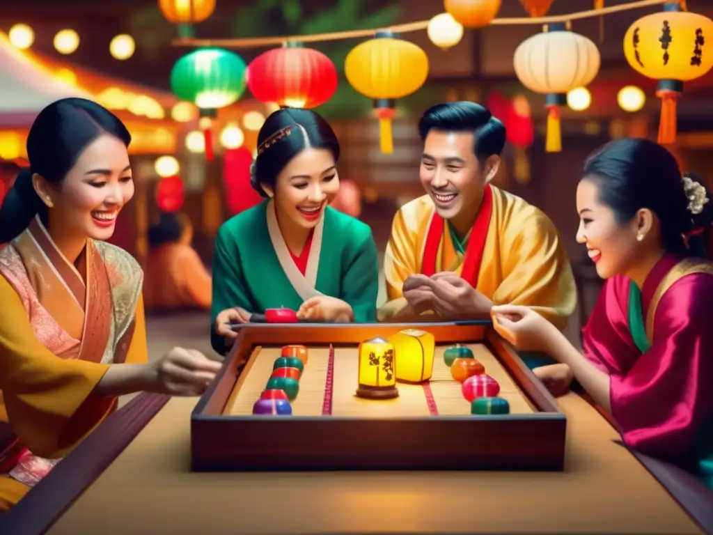 'Juegos de mesa en festivales asiáticos: Gente en tradicionales atuendos juega rodeada de coloridas decoraciones y faroles vibrantes.'