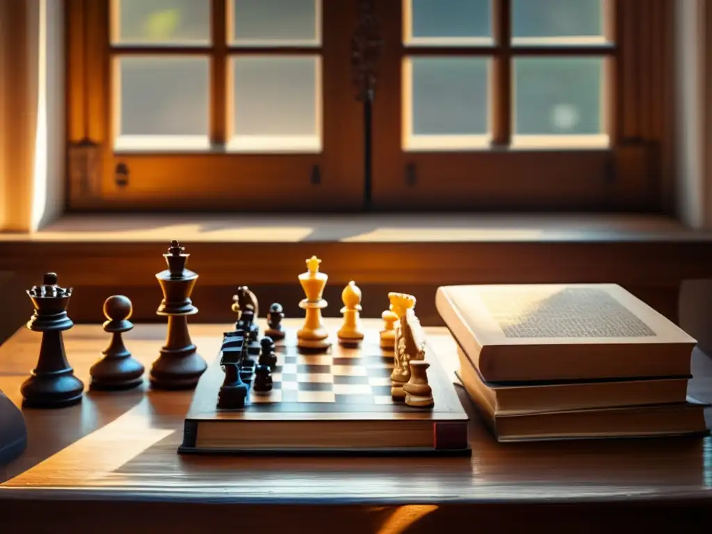 Mesa de ajedrez y libros antiguos para meditar