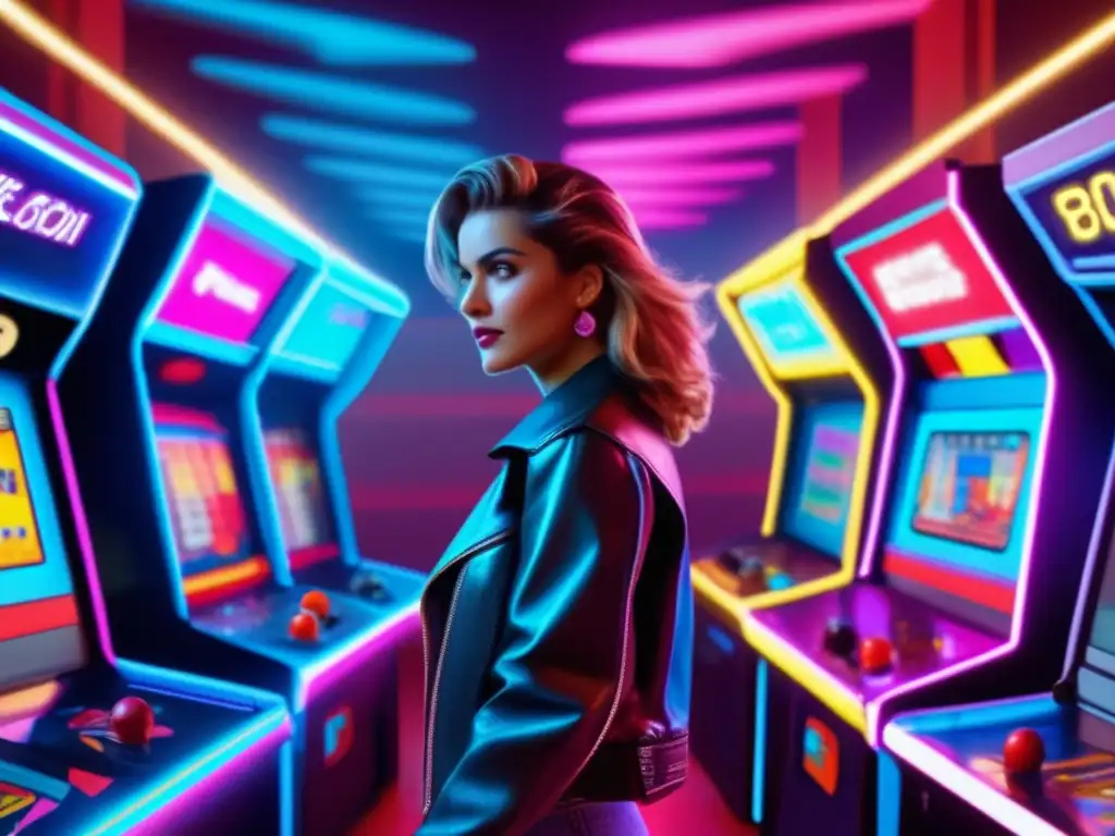 Un jugador de arcade en una escena vintage de película, inmerso en la representación de videojuegos en cine de los años 80, rodeado de luces brillantes y pantallas coloridas.