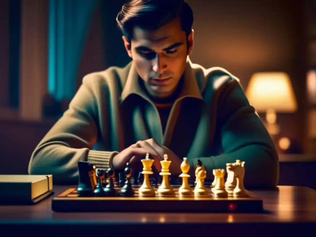 Un jugador concentrado en una partida de ajedrez electrónico en una habitación tenue. <b>El ambiente vintage evoca nostalgia y estrategia.