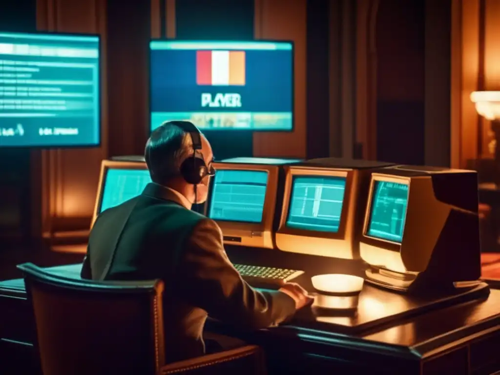 Un jugador concentra impacto en juegos de estrategia de relaciones internacionales en un antiguo ordenador, envuelto en una atmósfera nostálgica.