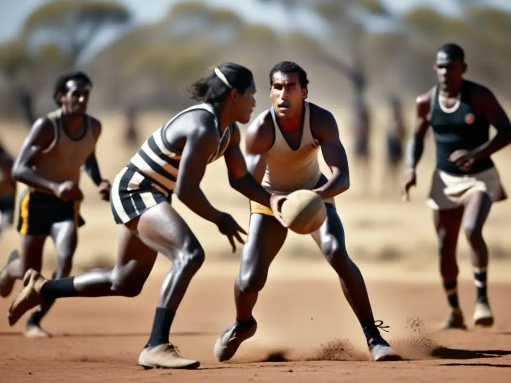 Jugadores aborígenes australianos compitiendo en un juego tradicional, con determinación en sus rostros. <b>Deportes indígenas Australia evolución.