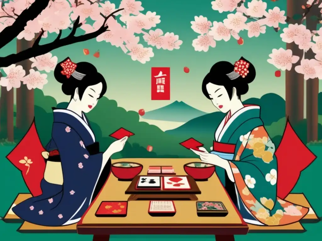 Jugadores de cartas Hanafuda Japón disfrutan de un juego sereno bajo los cerezos en flor.