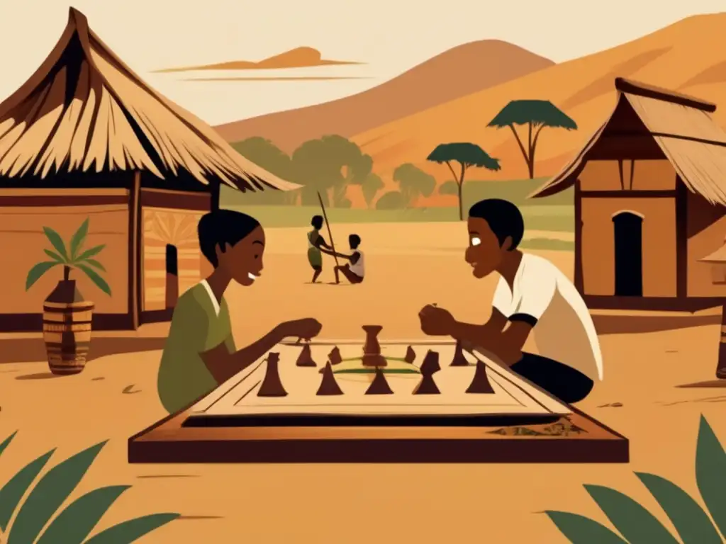 Dos jugadores concentrados juegan Fanorona en un pueblo tradicional de Madagascar. La ilustración evoca el origen y estrategias del juego Fanorona.