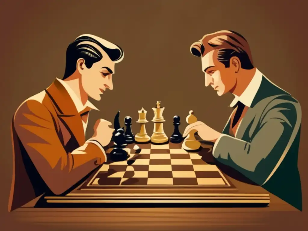 Dos jugadores concentrados en una partida de ajedrez vintage, rodeados de piezas antiguas y un tablero de madera. <b>Beneficios mentales del ajedrez.