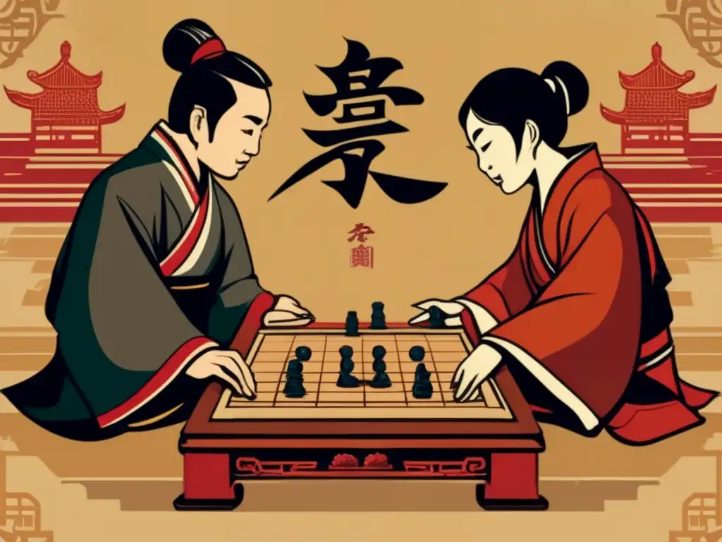 Dos jugadores envueltos en una intensa partida de ajedrez chino, con detalles tradicionales. La ilustración transmite la importancia estratégica del ajedrez chino en una atmósfera histórica y cultural.