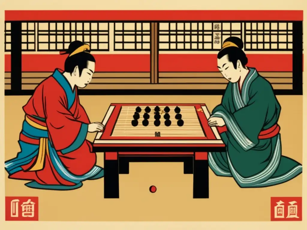 Dos jugadores de Go se concentran en el tablero, rodeados de espectadores. Detalles precisos en una impresión de madera vintage capturan la intensidad cultural e intelectual del juego, resaltando la historia del juego de Go en Asia.