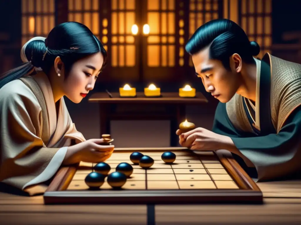 Dos jugadores inmersos en una partida de Go en un ambiente vintage de gran influencia global en estrategia.