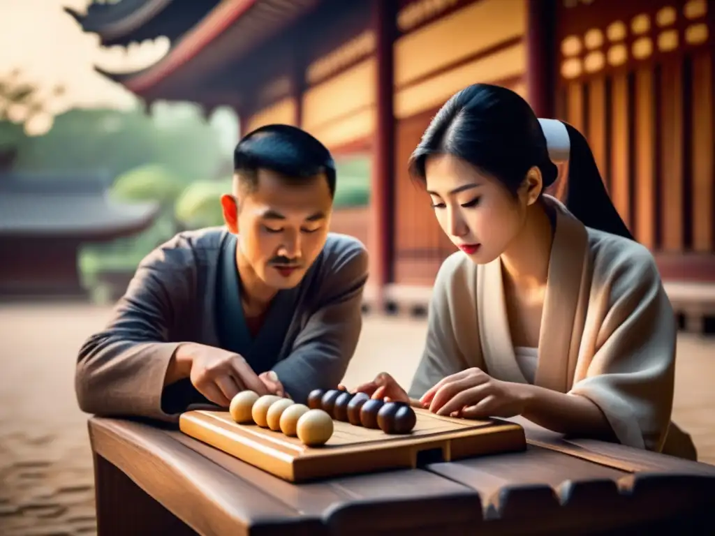 Dos jugadores en un intenso juego de Go en un entorno asiático tradicional, evocando la influencia global de Go en estrategia.