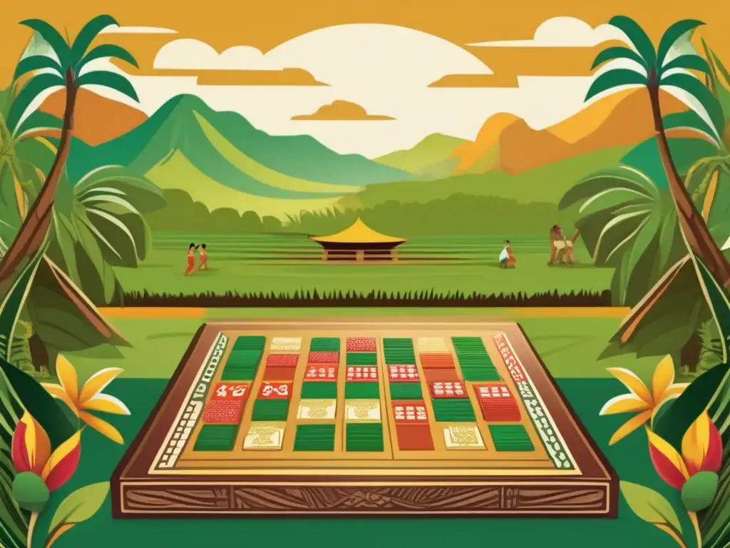 Jugadores de Juegos de Siembra del Sudeste Asiático disfrutan de partidas en un entorno tropical, rodeados de tableros intrincados y vibrantes.