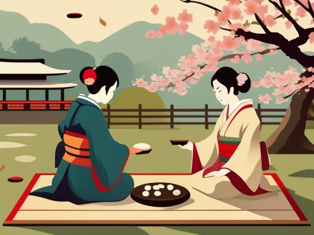 Dos jugadores vistiendo kimonos juegan Go en un jardín sereno con cerezos en flor, evocando el impacto cultural del juego milenario.