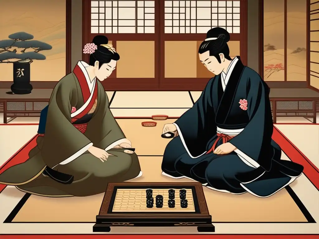 Dos jugadores disfrutan de una partida de Igo en un escenario tradicional japonés, capturando el impacto cultural del juego milenario.
