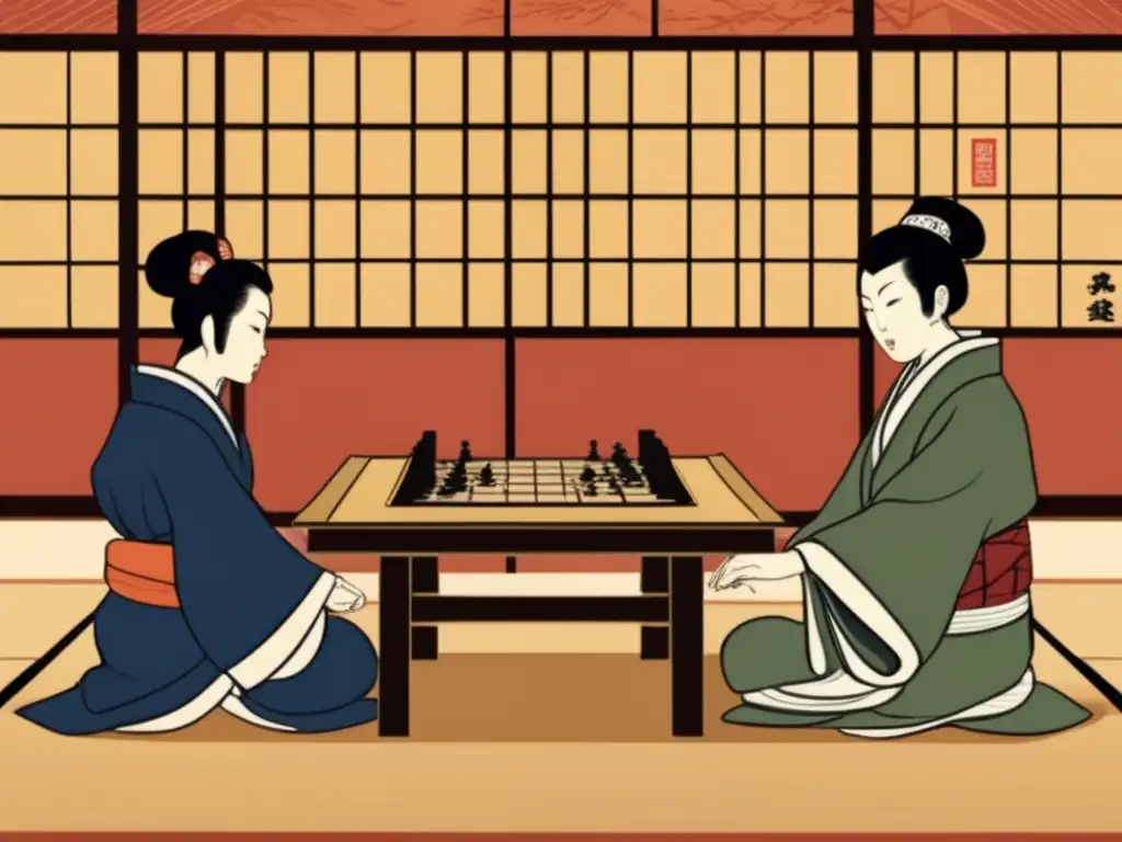 Dos jugadores compiten en shogi y ajedrez en una atmósfera cultural japonesa. <b>Comparativa Shogi vs Ajedrez.