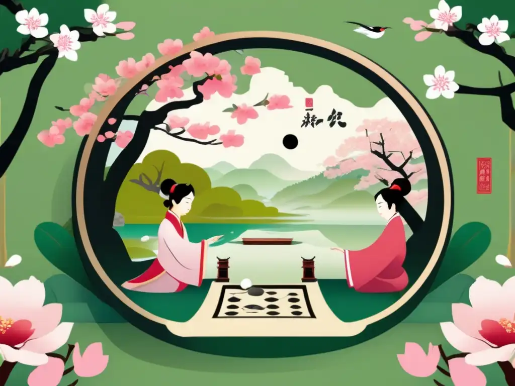 Dos jugadores visten trajes tradicionales mientras juegan Wei Qi en un jardín chino sereno. <b>El tablero se destaca entre la exuberante naturaleza y los cerezos en flor, capturando el origen y significado estratégico del Wei Qi en la antigua China.