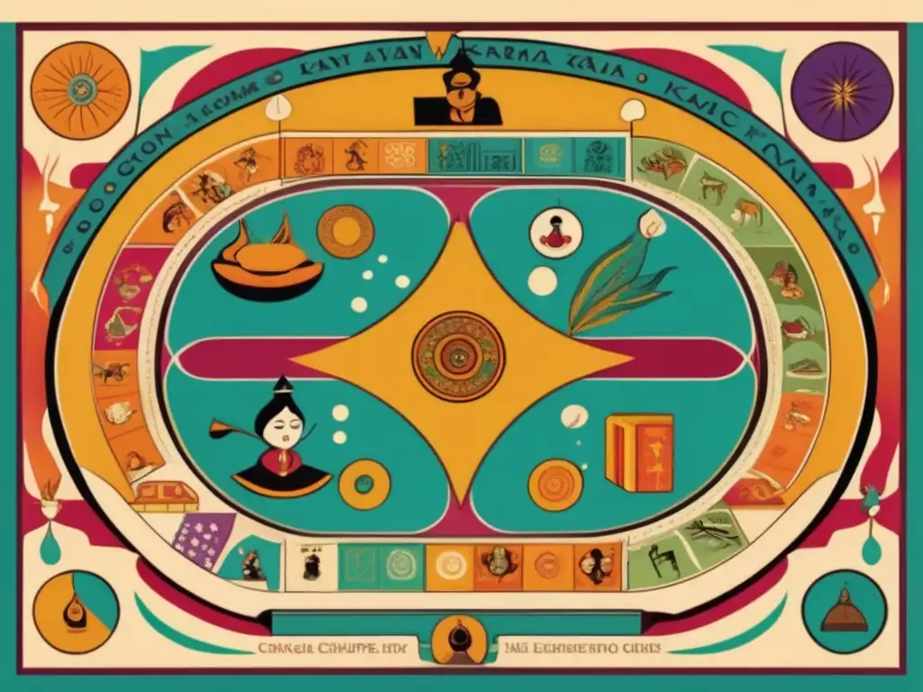 Ilustración vintage de Gyan Chauper, representación del karma en un juego de tablero con colores vibrantes y patrones intricados.