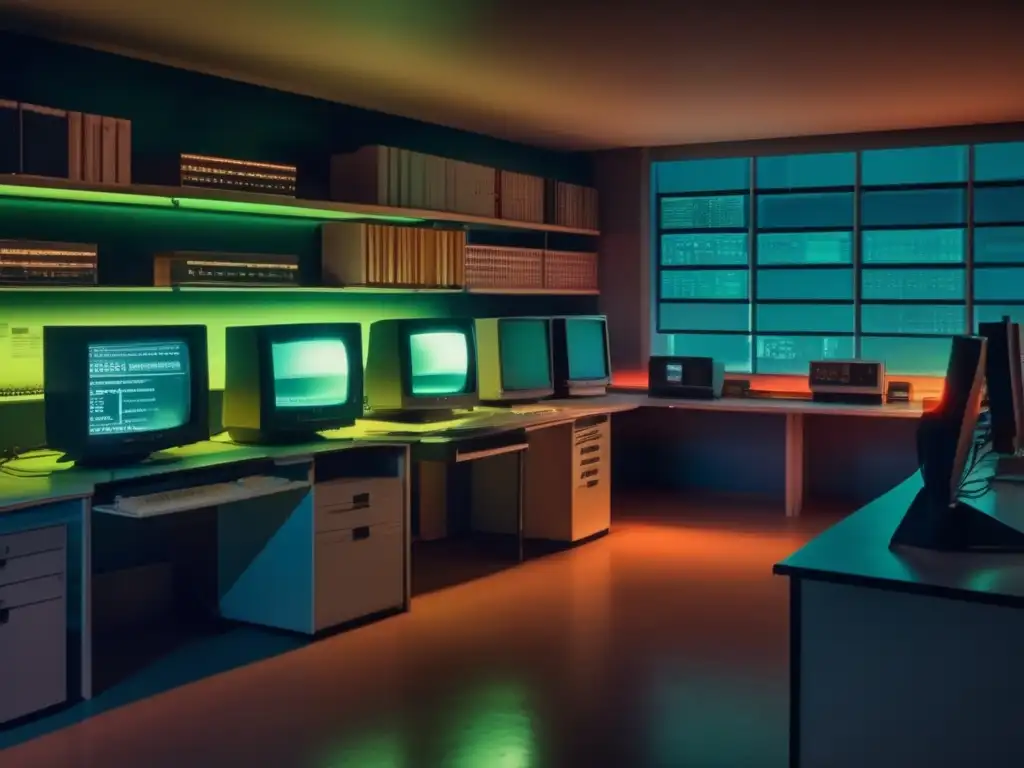 Un laboratorio de computación vintage con monitores obsoletos y software de gráficos 3D temprano. La habitación está tenue, con partículas de polvo flotando en el aire y el resplandor de los monitores arrojando una luz misteriosa en las estanterías circund