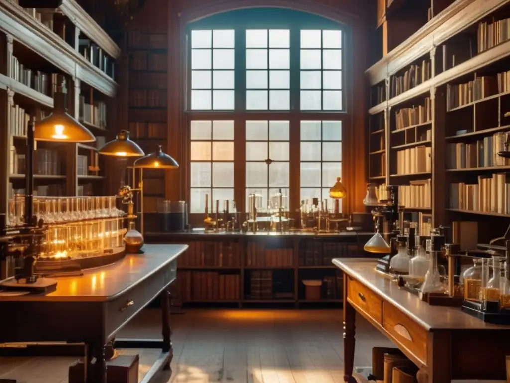 Un laboratorio vintage con equipo científico antiguo y libros, iluminado por luz dorada. <b>Aprendizaje de historia y ciencia.