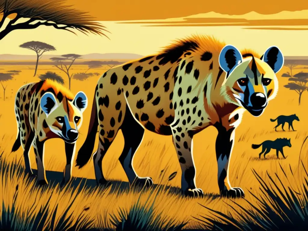Lecciones de caza en la sabana africana: Una ilustración detallada de una manada de hienas al acecho en la vasta sabana africana.