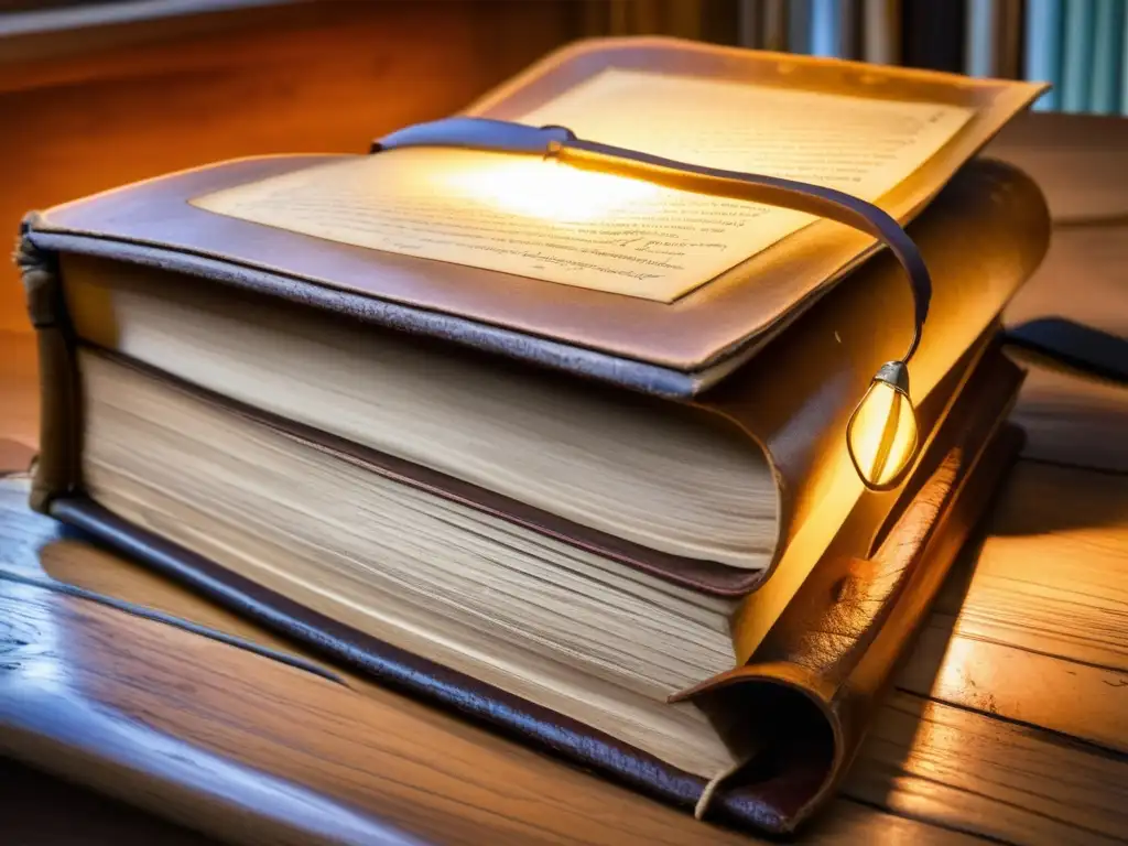 Un libro antiguo y desgastado con una cubierta de cuero arrugado reposa abierto en un escritorio de madera, iluminado por la cálida luz de una lámpara de escritorio. Las páginas están llenas de notas y bocetos escritos a mano, dando la impresión de un di
