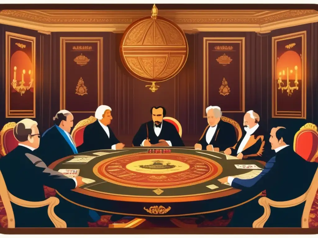 Líderes mundiales del siglo XIX juegan un juego estratégico en una lujosa sala iluminada por velas. <b>Uso de juegos de mesa en diplomacia.