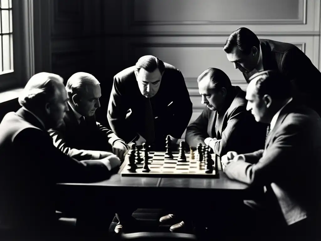 Líderes políticos inmersos en una partida de ajedrez, reflejando la influencia del ajedrez en la toma de decisiones estratégicas.
