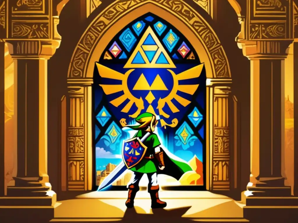 Link de 'The Legend of Zelda: Ocarina of Time' en el Templo del Tiempo, irradiando legado cultural diseño juegos 3D.