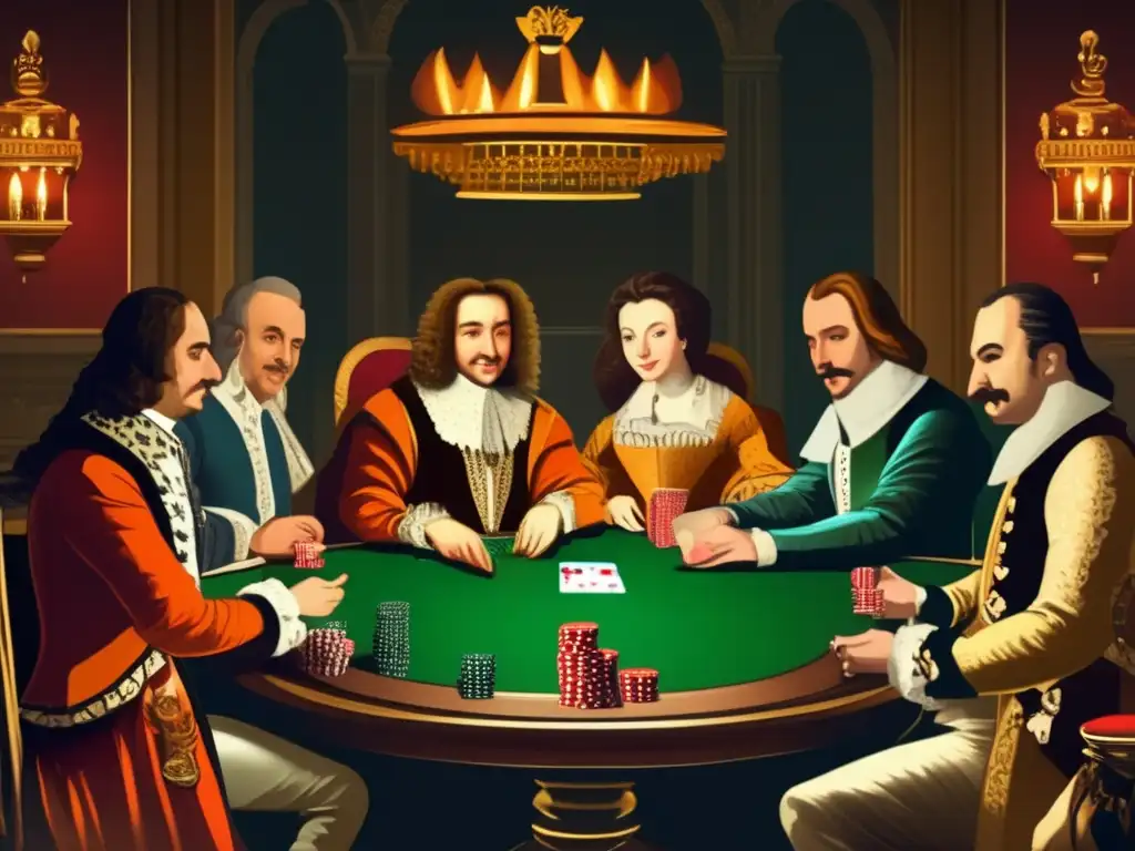 Un lujoso palacio del siglo XVII, nobles europeos visten trajes opulentos, juegan póker. <b>Origen histórico del póker en Europa.