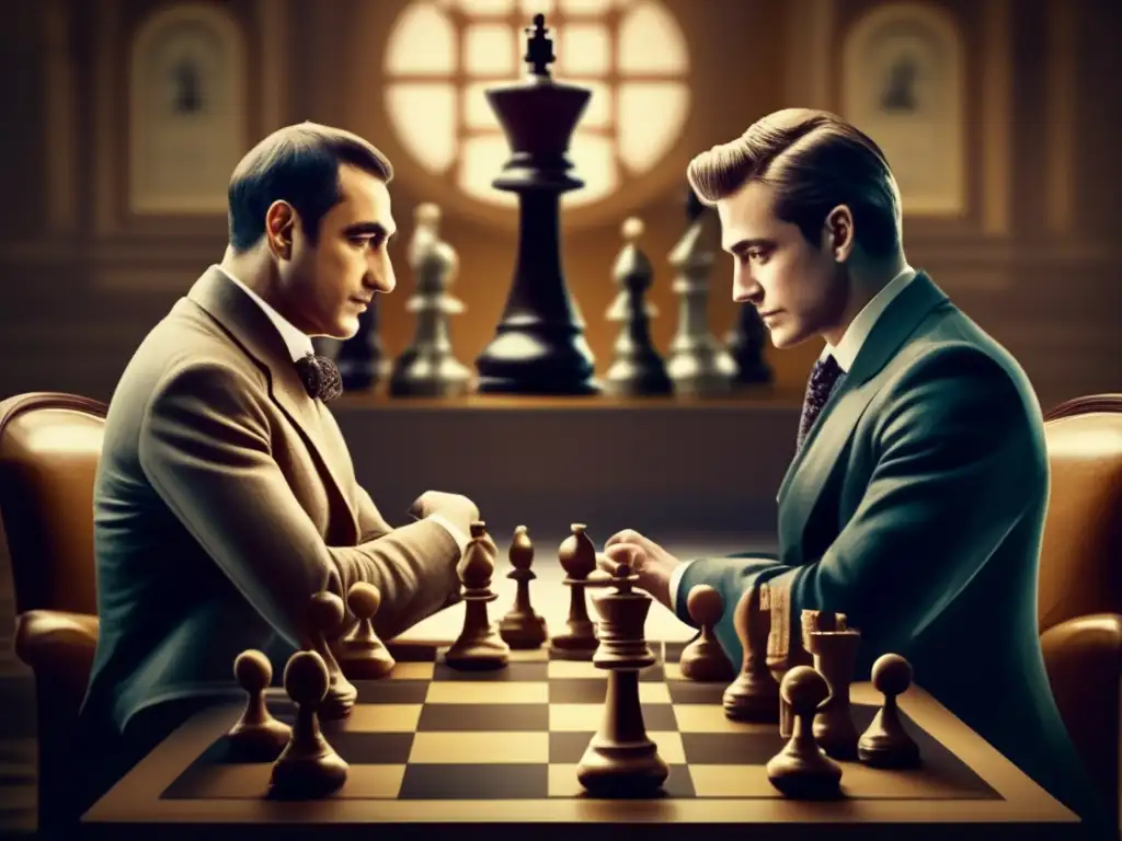 Dos maestros del ajedrez compiten en un juego estratégico en un ambiente vintage. <b>Lecciones históricas del juego de ajedrez.