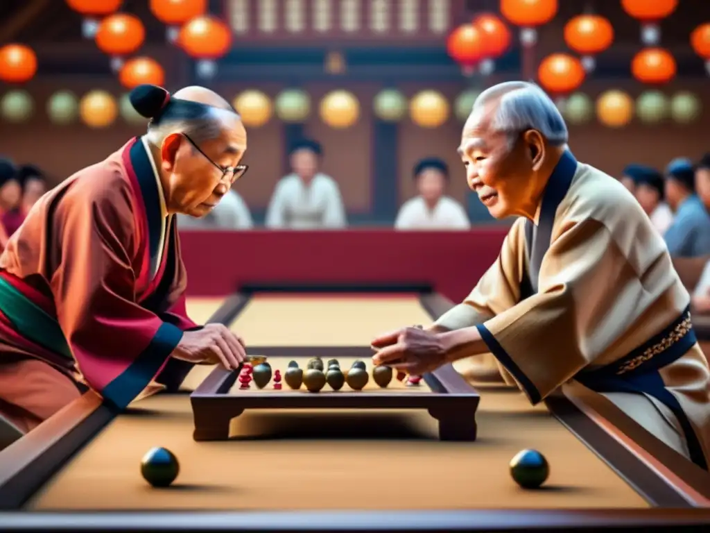 Dos maestros de Go ancianos compiten en un juego intenso, rodeados de espectadores con atuendos asiáticos tradicionales. <b>La imagen transmite la influencia global del Go en estrategia.