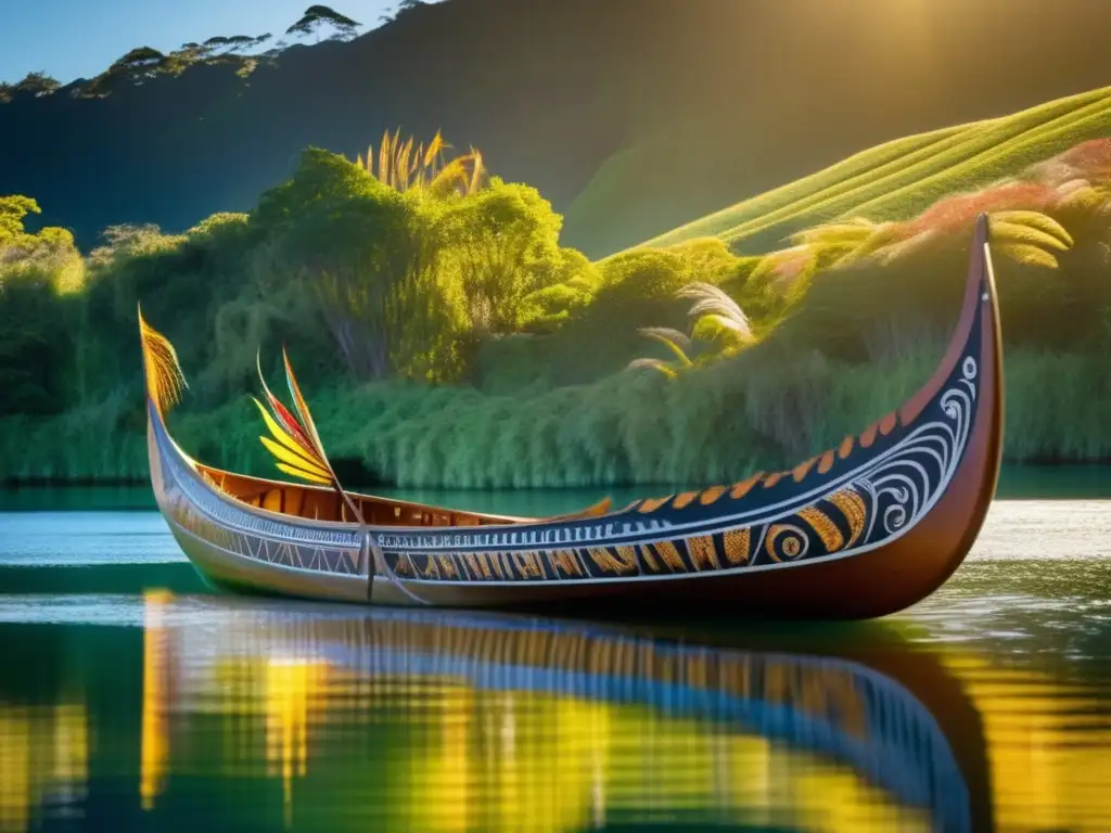 Una majestuosa canoa de guerra maorí, adornada con plumas vibrantes y patrones intrincados, deslizándose con gracia sobre las aguas brillantes de un lago prístino de Nueva Zelanda. Los rayos dorados del sol iluminan la escena, creando un cálido