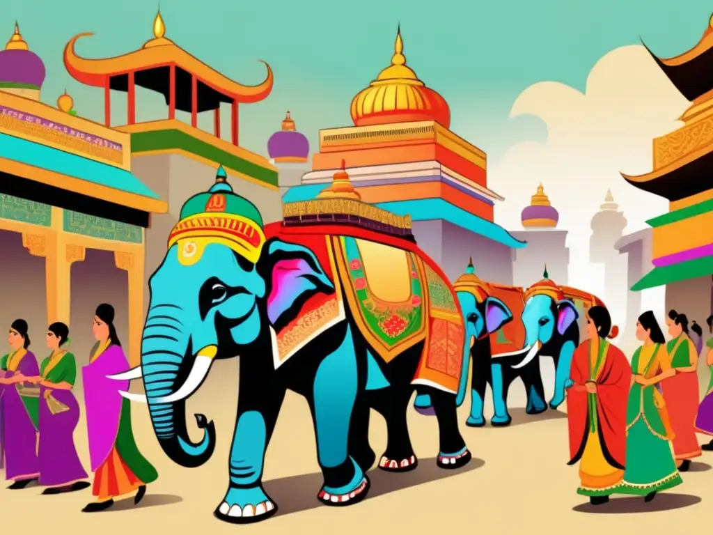 Un majestuoso desfile de elefantes asiáticos ricamente decorados atraviesa una bulliciosa calle de una antigua ciudad, capturando la rica historia cultural y tradiciones de Asia. <b>La escena rebosa colores vibrantes, patrones intrincados y un aire de grandeza.</b> Los elefantes están adornados