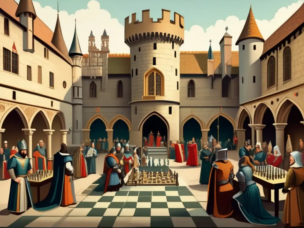 En el majestuoso patio de un castillo medieval europeo, nobles y caballeros juegan ajedrez. <b>La escena transporta a los orígenes y evolución del ajedrez.