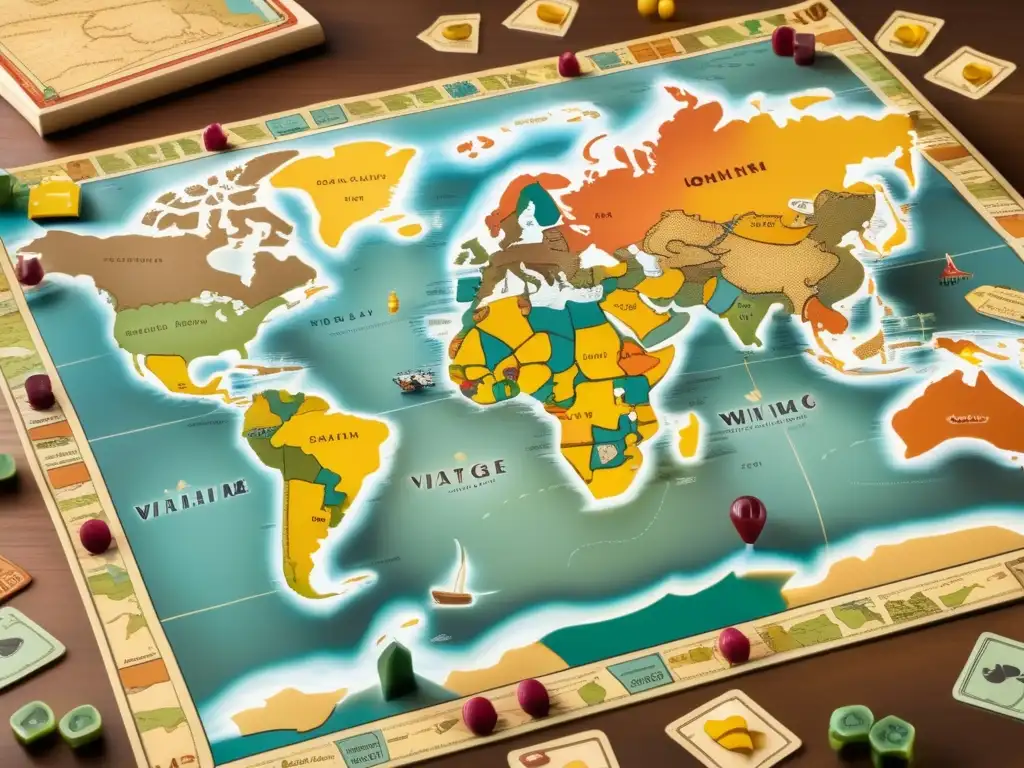 Un mapa antiguo del mundo con piezas de juegos de mesa estratégicamente colocadas, creando una escena educativa y atractiva. <b>Ideal para enseñar geografía con juegos de mesa en la educación secundaria.