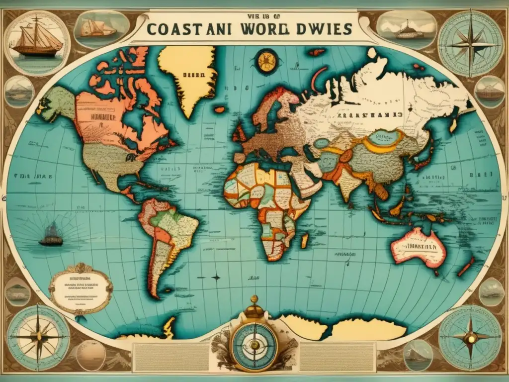 Un mapa vintage detallado del mundo con toques antiguos y nostálgicos, perfecto para la enseñanza de geografía con juegos.