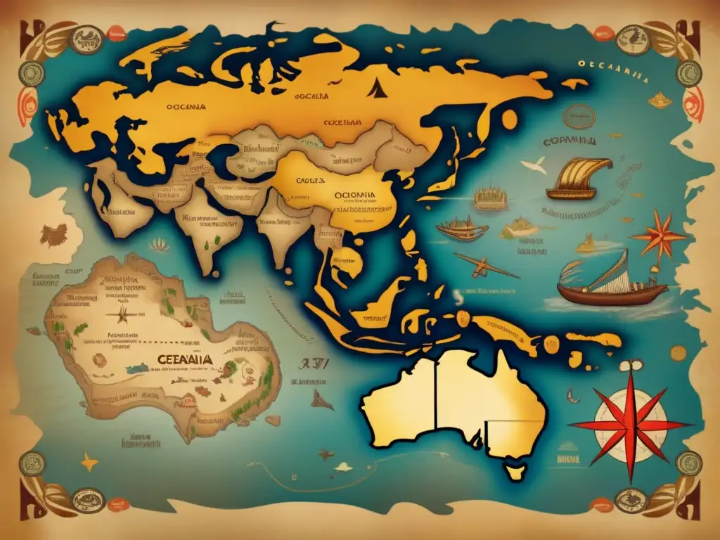 Un mapa vintage de Oceanía resalta juegos y elementos culturales. <b>Impacto cultural de los juegos en Oceanía.