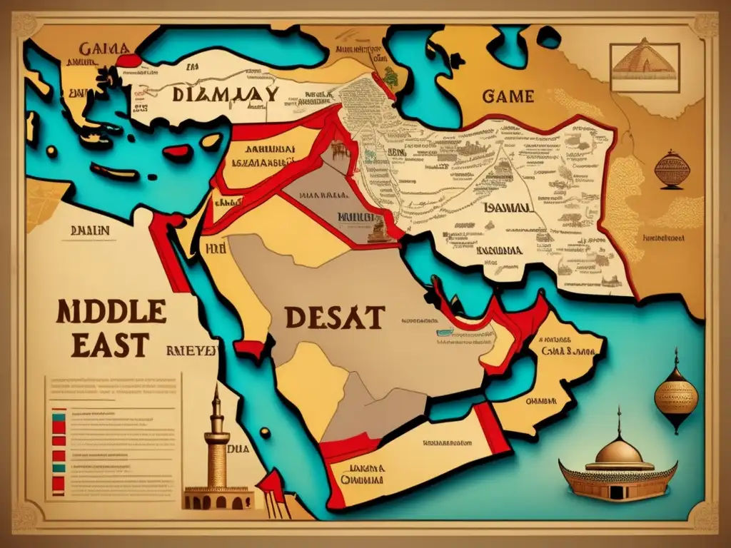 Un mapa vintage del Medio Oriente con juegos tradicionales superpuestos, mostrando la influencia de los juegos de Medio Oriente en la diplomacia.