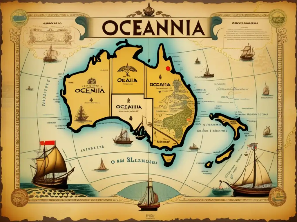 Un mapa vintage de Oceanía con ilustraciones detalladas de barcos europeos y símbolos culturales indígenas, mostrando la influencia histórica de juegos europeos en la región. <b>Los bordes amarillentos y la caligrafía delicada añaden un toque nostálgico.