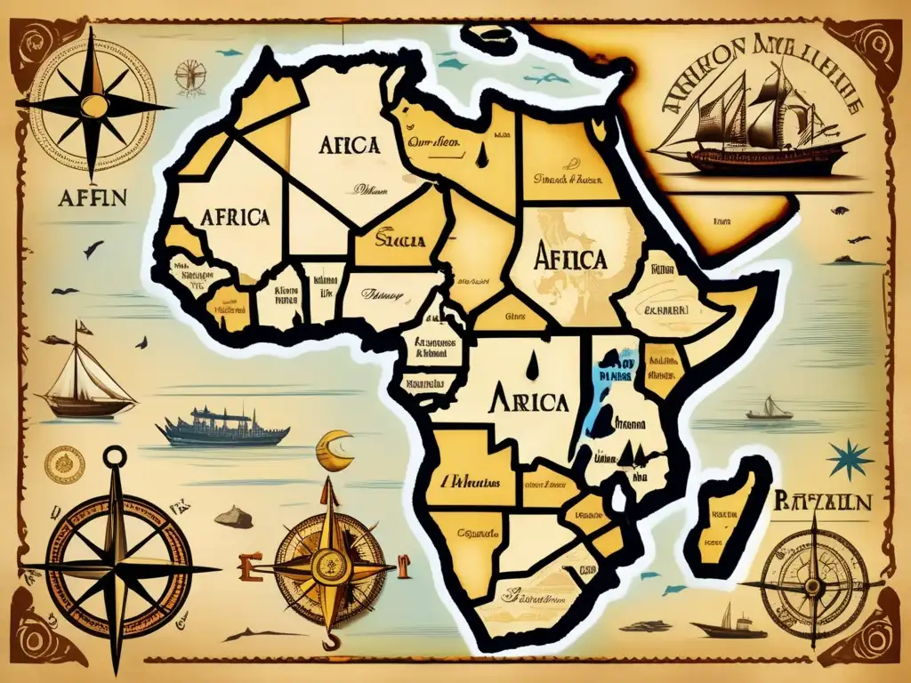 Un mapa vintage de África en pergamino amarillento, con detalles intrincados y elementos decorativos que evocan aventura y exploración histórica. <b>Historia del Mangala: travesía global.