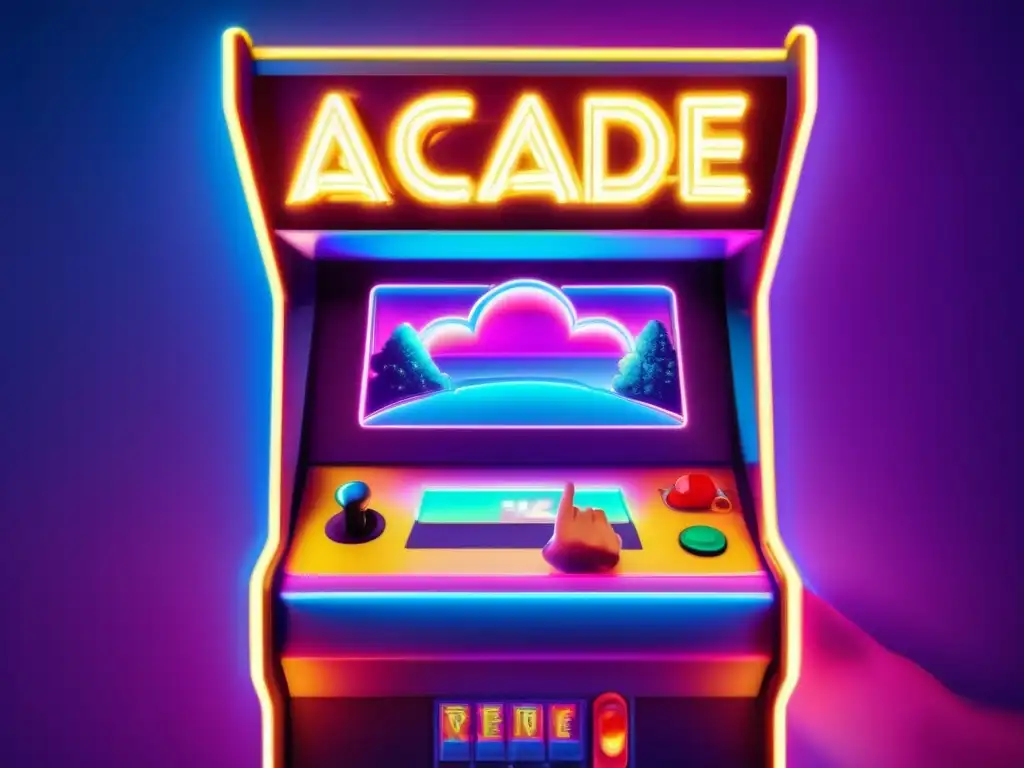Una máquina de arcade vintage rodeada de luces de neón brillantes, con una mano del jugador presionando el botón de inicio, evocando la nostalgia del juego y mostrando la atracción de las plataformas de juego en la nube. La pantalla de la máquina muestra gráficos vibrantes de píxeles, cre